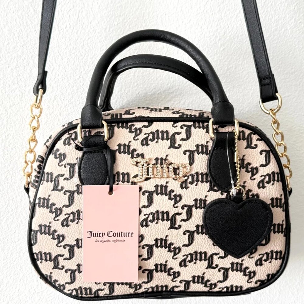 Juicy Couture Beige Black Gothic Logo Crossbody Satchel Bag Heart Charm NWT